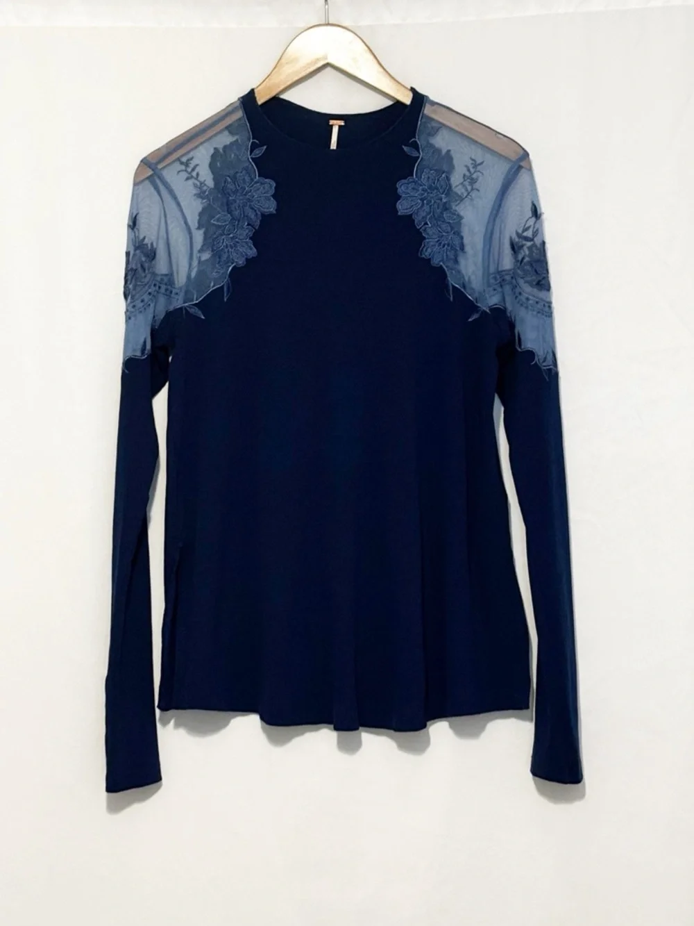 Free People Daniela Lace Ribbed Knit Top Size‎ Small Blue Sheer Boho Mesh